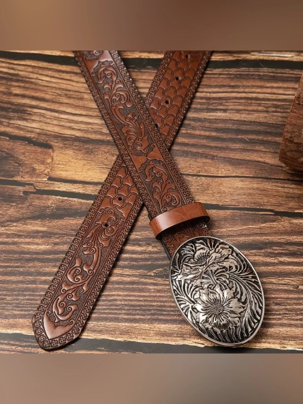 WESTERN Floral Embossed PU Belt and Buckle